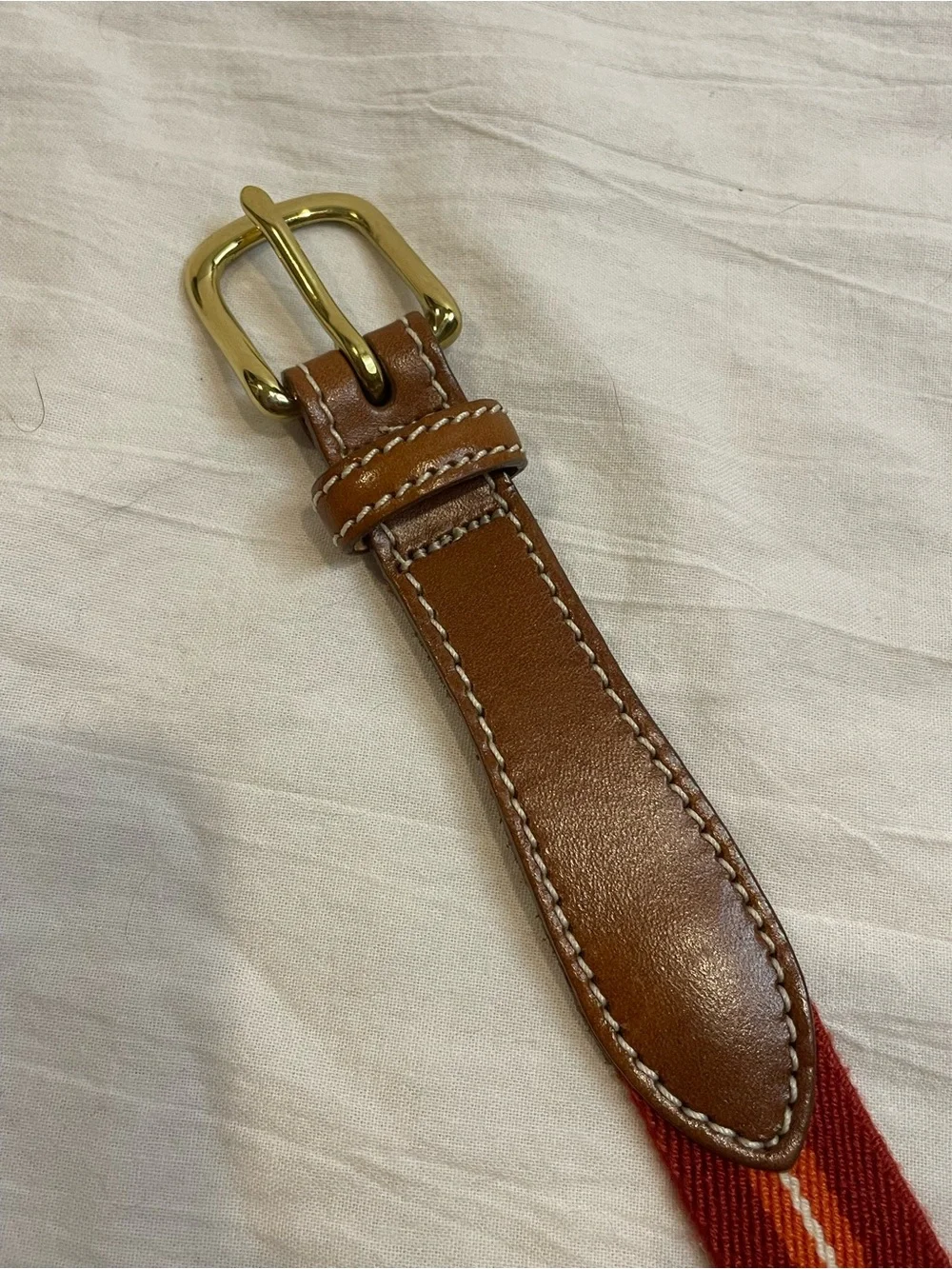 Orvis USA Woven Stretch Belt XL Red Leather Trim Brass Buckle Preppy Heritage